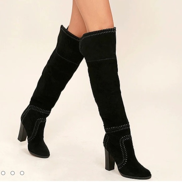 NWOB Report Liola Black Suede Leather Woven Boho Over the Knee Heel Boots - Picture 1 of 16